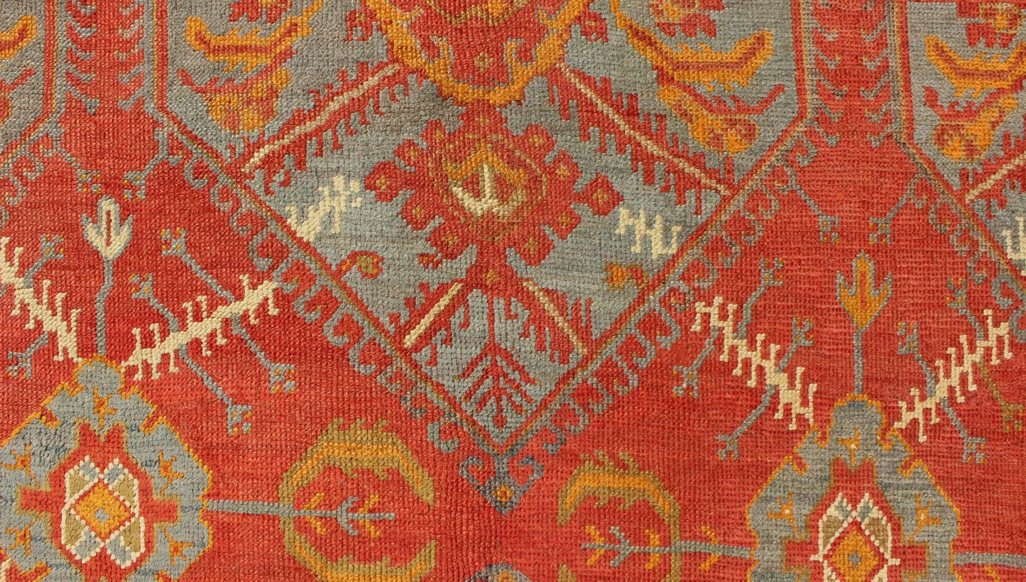 Antique Turkish Oushak rug with tribal Medallion design in terracotta, light gray blue, ivory and gold. Keivan Woven Arts / rug 16 - 0911, country of origin / type: Turkey / Oushak, circa 1900 Measures: 10' x 13'8. This antique Turkish Oushak carpe... - Keivan Woven Arts16 - 0911 - 8678Rug