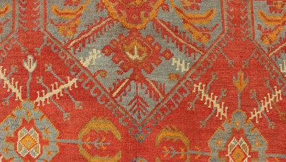Antique Turkish Oushak rug with tribal Medallion design in terracotta, light gray blue, ivory and gold. Keivan Woven Arts / rug 16 - 0911, country of origin / type: Turkey / Oushak, circa 1900 Measures: 10' x 13'8. This antique Turkish Oushak carpe... - Keivan Woven Arts16 - 0911 - 8678Rug