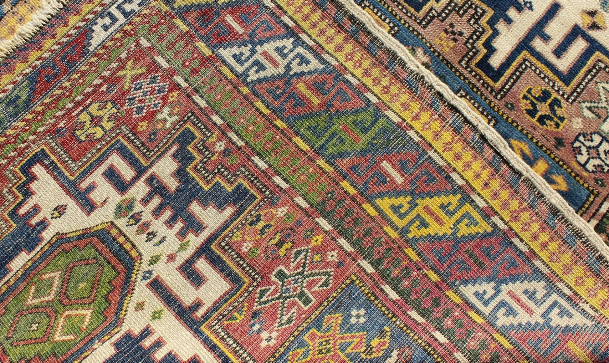 Antique Colorful Kuba Caucasian Rug with Star Medallions in Green, Blue, Yellow. Measures: 3'5'' x 5'7''. Antique Colorful Kuba Caucasian Rug with Star Medallions in Green, Blue, and Yellow, 16 - 0912, This wonderfully colored Kuba rug from th... - Keivan Woven Arts16 - 0912 - 7943Rug