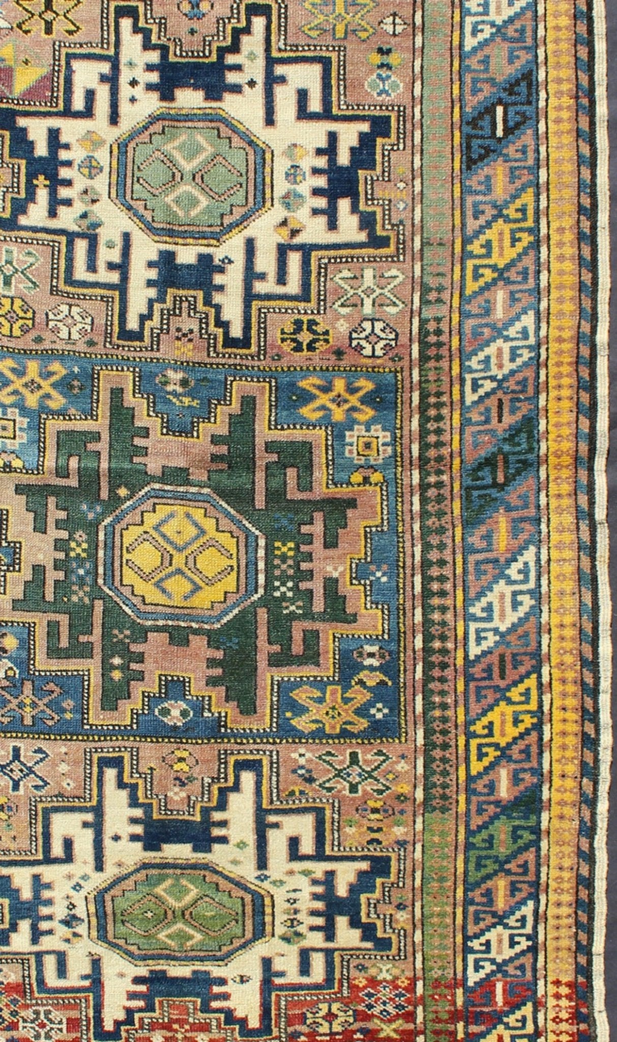 Antique Colorful Kuba Caucasian Rug with Star Medallions in Green, Blue, Yellow. Measures: 3'5'' x 5'7''. Antique Colorful Kuba Caucasian Rug with Star Medallions in Green, Blue, and Yellow, 16 - 0912, This wonderfully colored Kuba rug from th... - Keivan Woven Arts16 - 0912 - 7943Rug