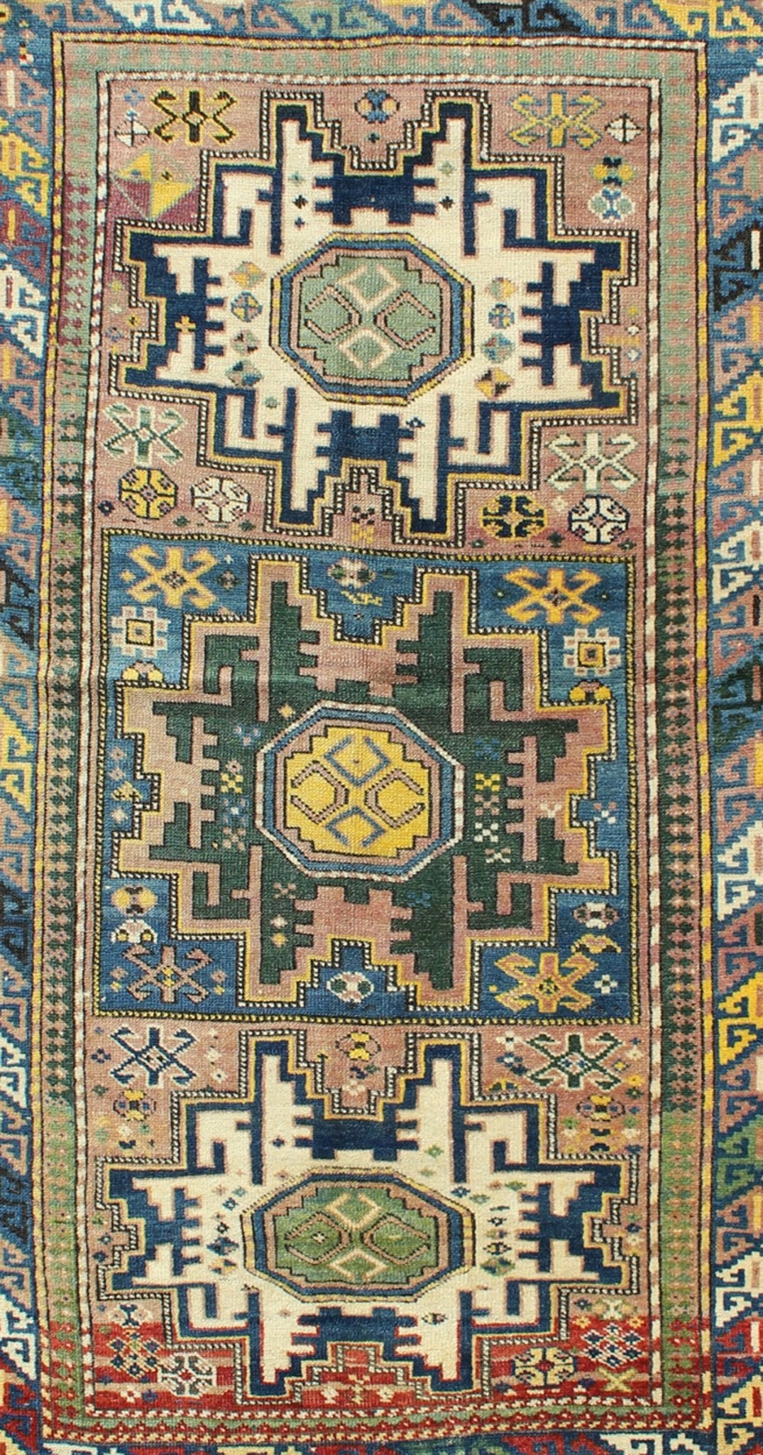 Antique Colorful Kuba Caucasian Rug with Star Medallions in Green, Blue, Yellow. Measures: 3'5'' x 5'7''. Antique Colorful Kuba Caucasian Rug with Star Medallions in Green, Blue, and Yellow, 16 - 0912, This wonderfully colored Kuba rug from th... - Keivan Woven Arts16 - 0912 - 7943Rug