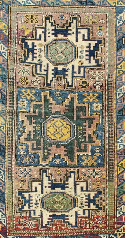 Antique Colorful Kuba Caucasian Rug with Star Medallions in Green, Blue, Yellow. Measures: 3'5'' x 5'7''. Antique Colorful Kuba Caucasian Rug with Star Medallions in Green, Blue, and Yellow, 16 - 0912, This wonderfully colored Kuba rug from th... - Keivan Woven Arts16 - 0912 - 7943Rug