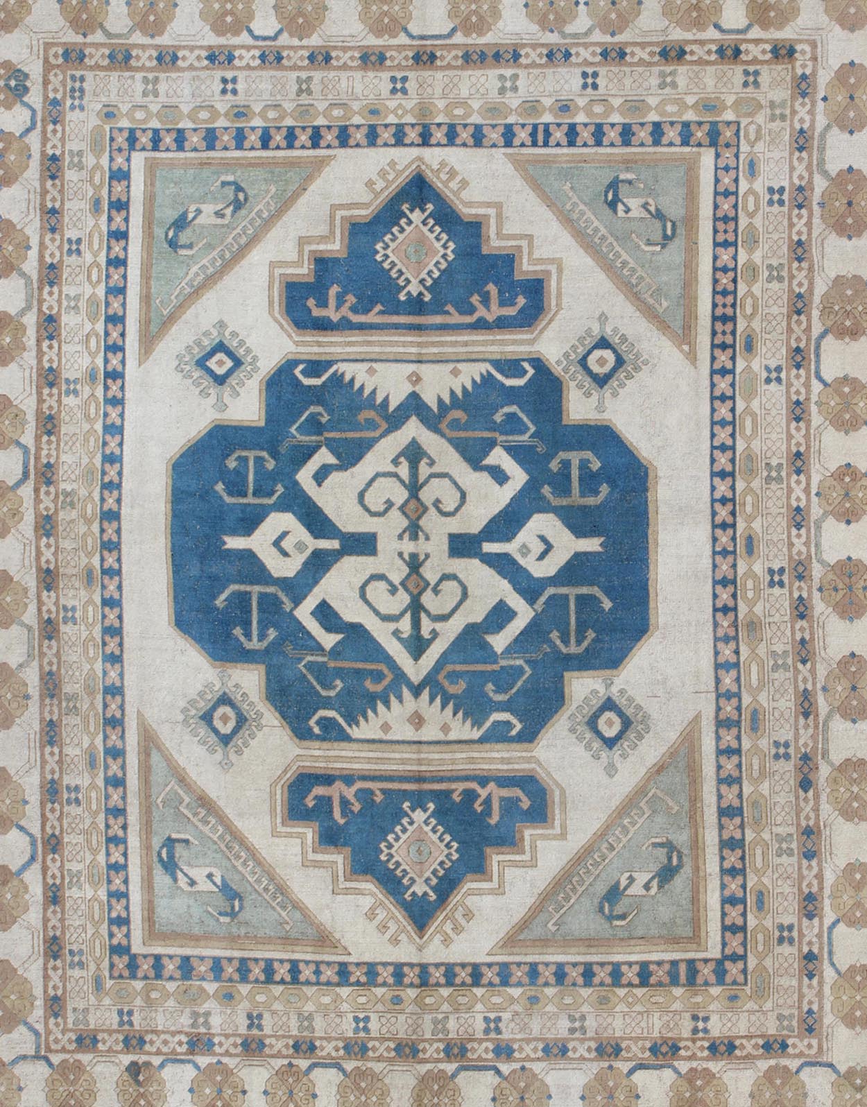 Large vintage Turkish rug with stylized geometric design in blue, ivory, tan. Keivan Woven Arts / rug 16 - 0914, country of origin / type: Turkey / Oushak, circa 1950 Measures: 13' x 15'8. This vintage Turkish Oushak rug features an intricately bea... - Keivan Woven Arts16 - 0914 - 8684Rug