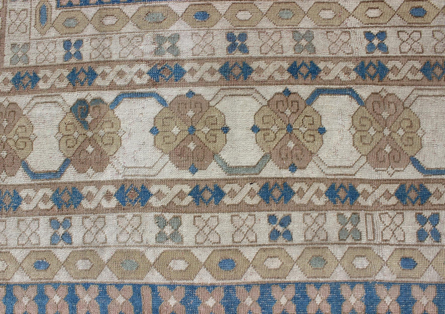 Large vintage Turkish rug with stylized geometric design in blue, ivory, tan. Keivan Woven Arts / rug 16 - 0914, country of origin / type: Turkey / Oushak, circa 1950 Measures: 13' x 15'8. This vintage Turkish Oushak rug features an intricately bea... - Keivan Woven Arts16 - 0914 - 8684Rug