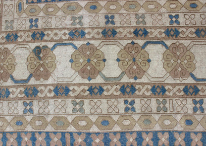 Large vintage Turkish rug with stylized geometric design in blue, ivory, tan. Keivan Woven Arts / rug 16 - 0914, country of origin / type: Turkey / Oushak, circa 1950 Measures: 13' x 15'8. This vintage Turkish Oushak rug features an intricately bea... - Keivan Woven Arts16 - 0914 - 8684Rug