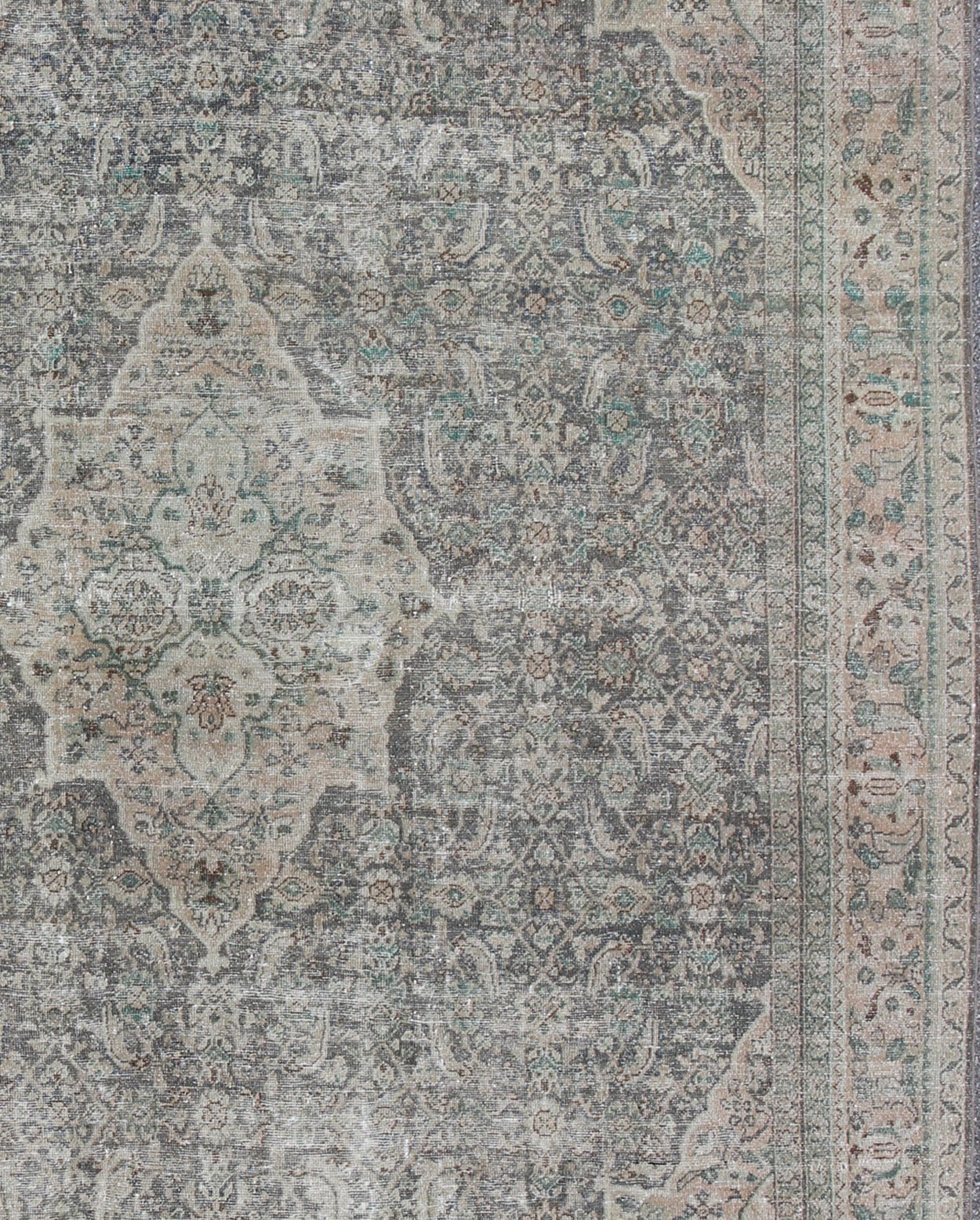Antique Persian Mahal Rug with Floral Design in Light Gray, Green, Blush/Pink and Light Brown Colors Measures: 10'5 x 13'4 This antique Persian Mahal rug with an understated medallion design has been distressed and features a unique color... - Keivan Woven Arts16 - 0918 - 8295Rug