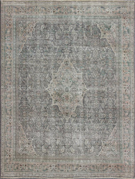 Antique Persian Mahal Rug with Floral Design in Light Gray, Green, Blush/Pink and Light Brown Colors Measures: 10'5 x 13'4 This antique Persian Mahal rug with an understated medallion design has been distressed and features a unique color... - Keivan Woven Arts16 - 0918 - 8295Rug