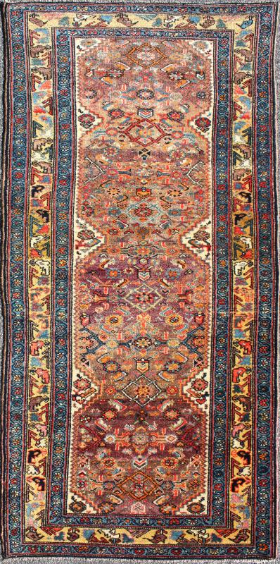 Antique Persian Fine Persian Malayer Short Runner in Great Condition , 16 - 0920, This colorful piece features a gradient coral and purple field decorated with navy blue lattice work and stylized boteh and floral elements. A beautifully drawn reciprocal ... - Keivan Woven Arts16 - 0920 - 8106Rug