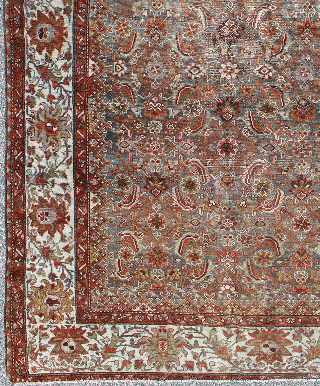 Antique Persian Malayer Rug with Gray, Light Blue, Red and Taupe This magnificent antique Persian Malayer carpet bears a beautiful, all - over sub - geometric design paired with a delightful palette of various shades of light blue, deep red, and tau... - Keivan Woven Arts16 - 0921 - 8441Rug