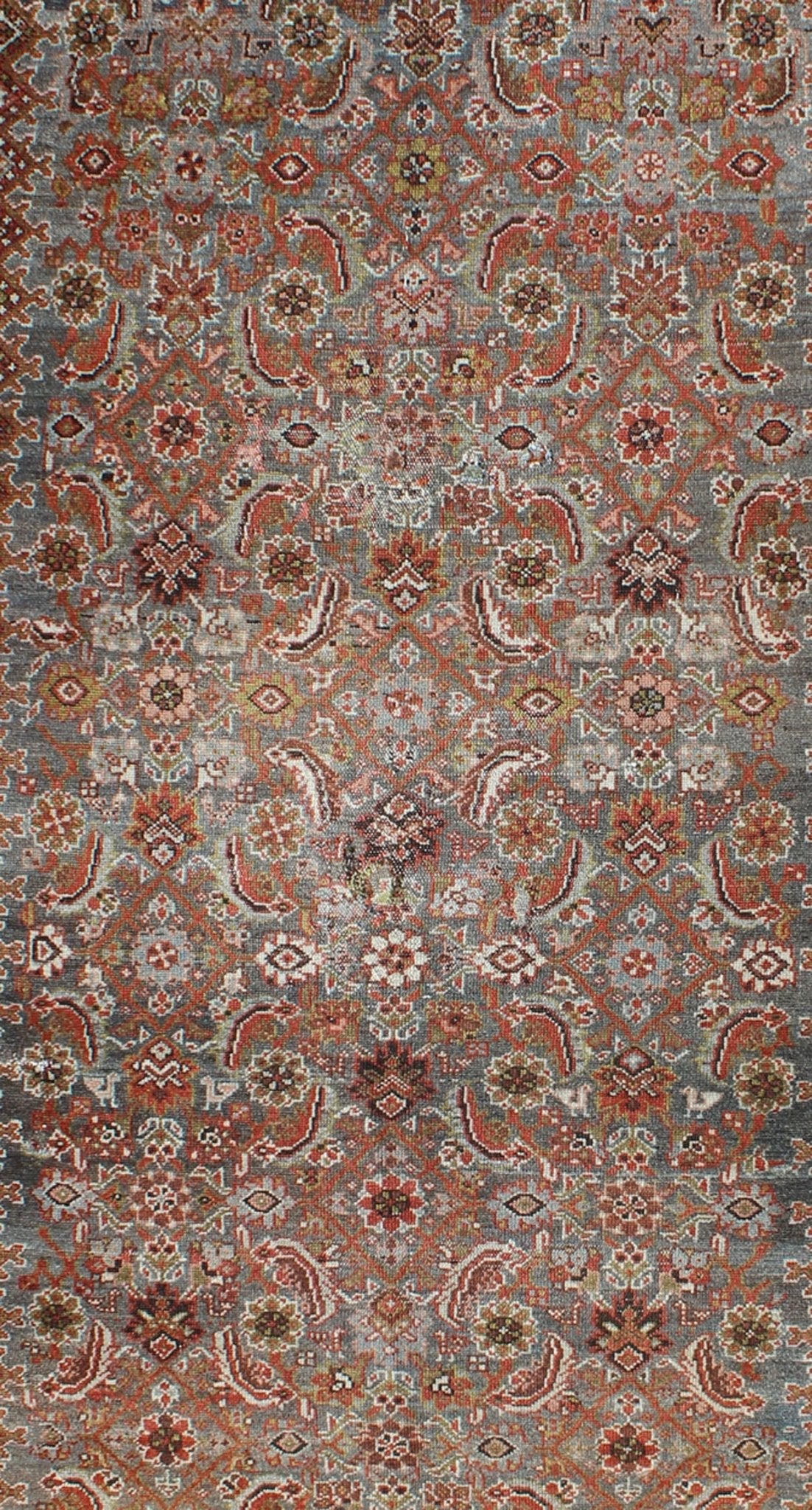 Antique Persian Malayer Rug with Gray, Light Blue, Red and Taupe This magnificent antique Persian Malayer carpet bears a beautiful, all - over sub - geometric design paired with a delightful palette of various shades of light blue, deep red, and tau... - Keivan Woven Arts16 - 0921 - 8441Rug