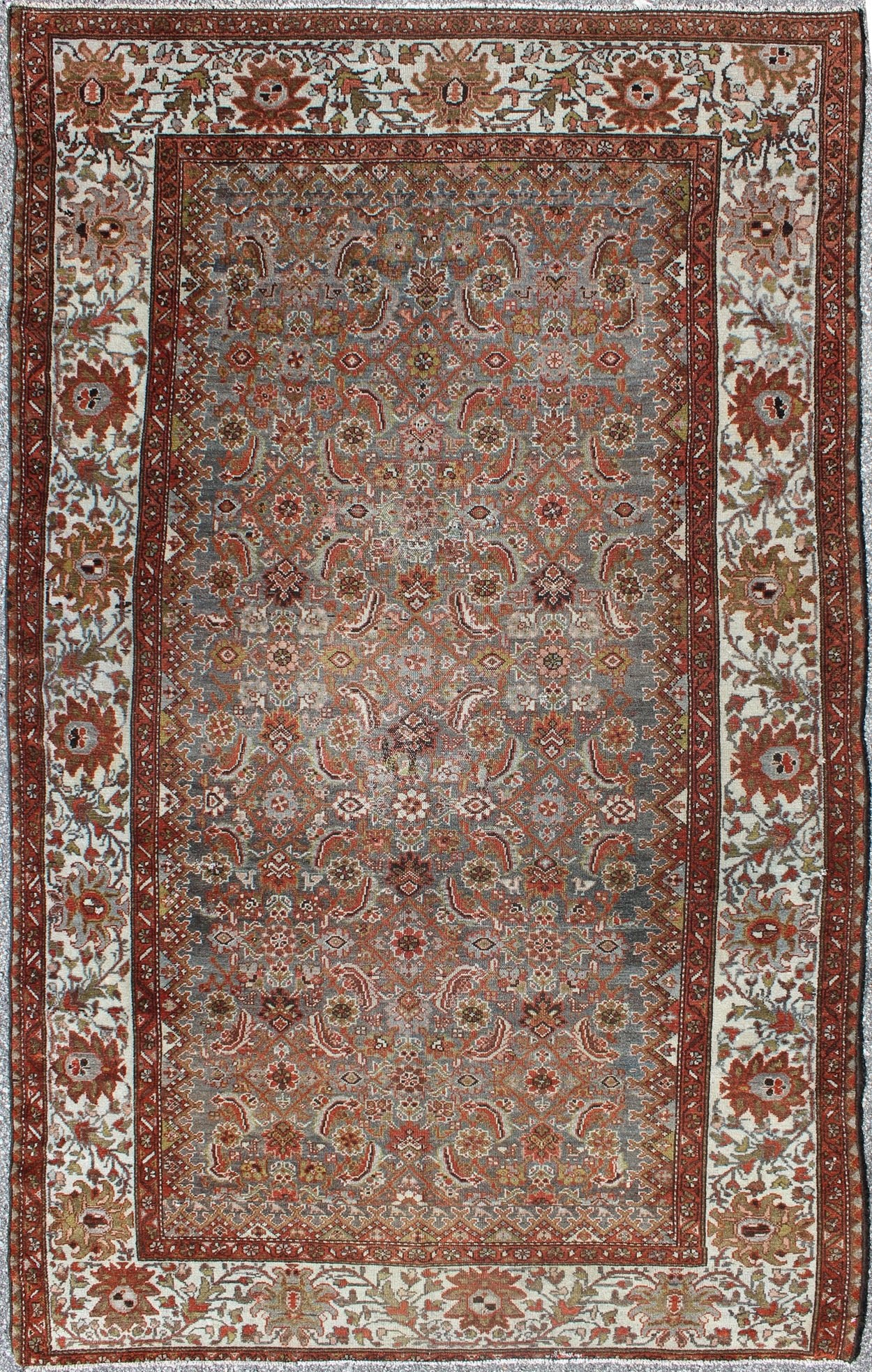 Antique Persian Malayer Rug with Gray, Light Blue, Red and Taupe This magnificent antique Persian Malayer carpet bears a beautiful, all - over sub - geometric design paired with a delightful palette of various shades of light blue, deep red, and tau... - Keivan Woven Arts16 - 0921 - 8441Rug