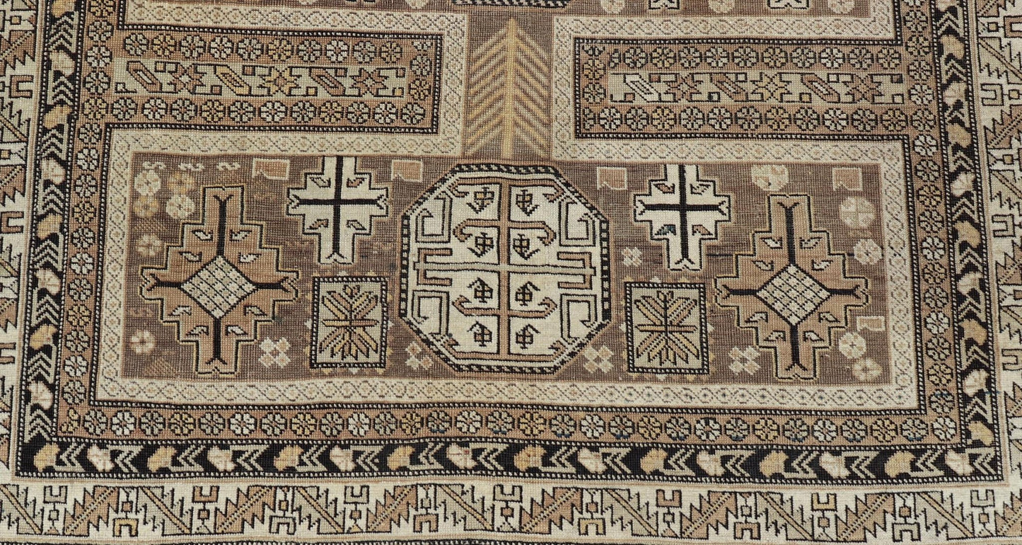 Antique Tribal Caucasian Rug with All - Over Motif in Muted Neutrals. Country of Origin: Caucasus; Type: Caucasian; Design: Tribal; Keivan Woven Arts: rug 16 - 0922. Measures: 3'10 x 4'5 The field of this Caucasian piece features all - over tribal... - Keivan Woven Arts16 - 0922 - 7929Rug