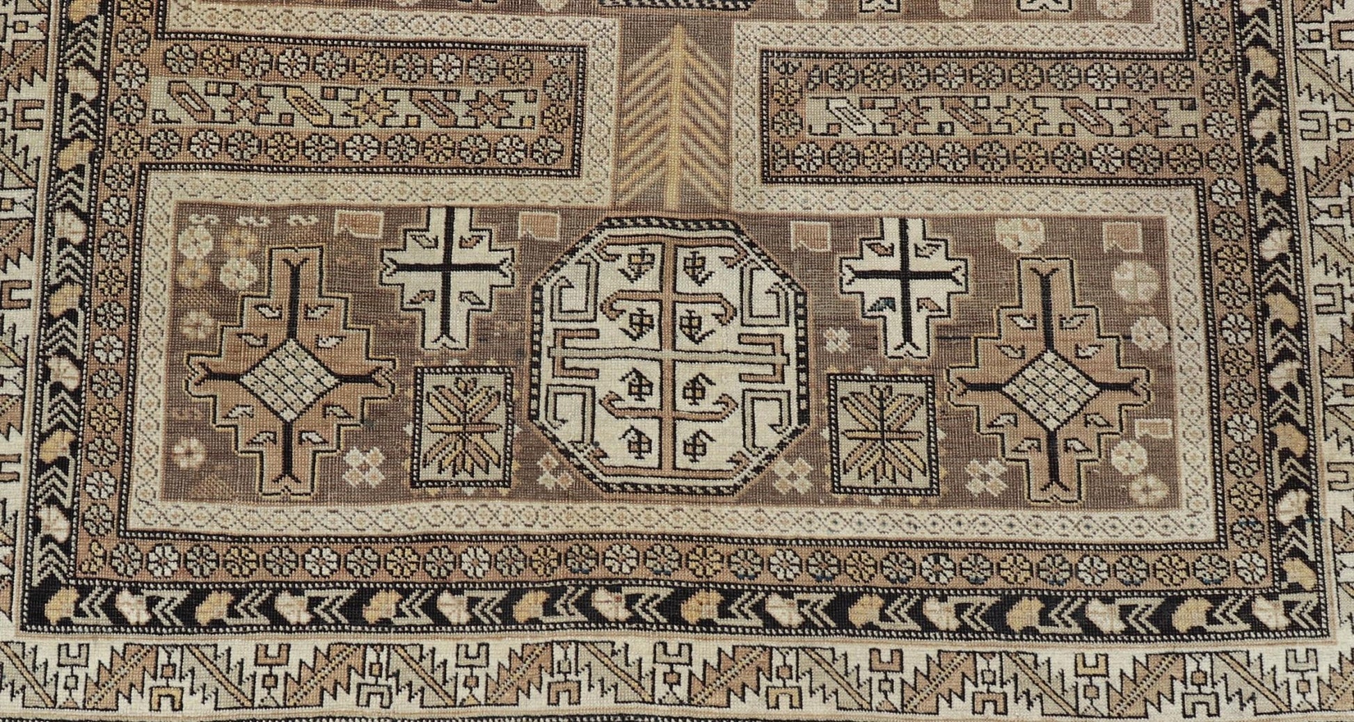 Antique Tribal Caucasian Rug with All - Over Motif in Muted Neutrals. Country of Origin: Caucasus; Type: Caucasian; Design: Tribal; Keivan Woven Arts: rug 16 - 0922. Measures: 3'10 x 4'5 The field of this Caucasian piece features all - over tribal... - Keivan Woven Arts16 - 0922 - 7929Rug