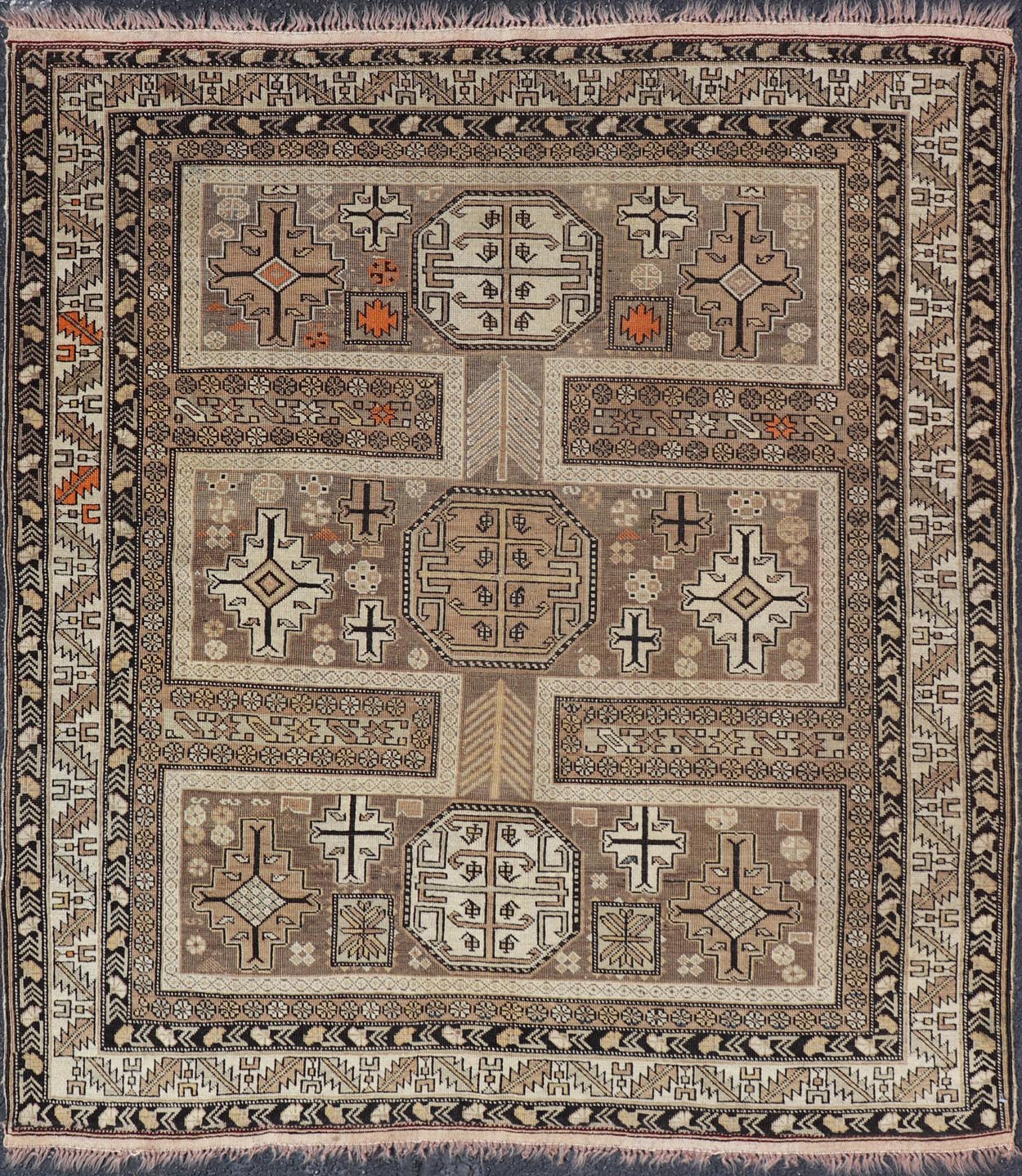 Antique Tribal Caucasian Rug with All - Over Motif in Muted Neutrals. Country of Origin: Caucasus; Type: Caucasian; Design: Tribal; Keivan Woven Arts: rug 16 - 0922. Measures: 3'10 x 4'5 The field of this Caucasian piece features all - over tribal... - Keivan Woven Arts16 - 0922 - 7929Rug