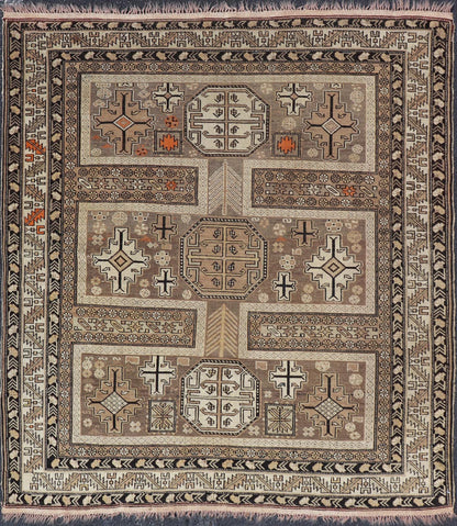 Antique Tribal Caucasian Rug with All - Over Motif in Muted Neutrals. Country of Origin: Caucasus; Type: Caucasian; Design: Tribal; Keivan Woven Arts: rug 16 - 0922. Measures: 3'10 x 4'5 The field of this Caucasian piece features all - over tribal... - Keivan Woven Arts16 - 0922 - 7929Rug