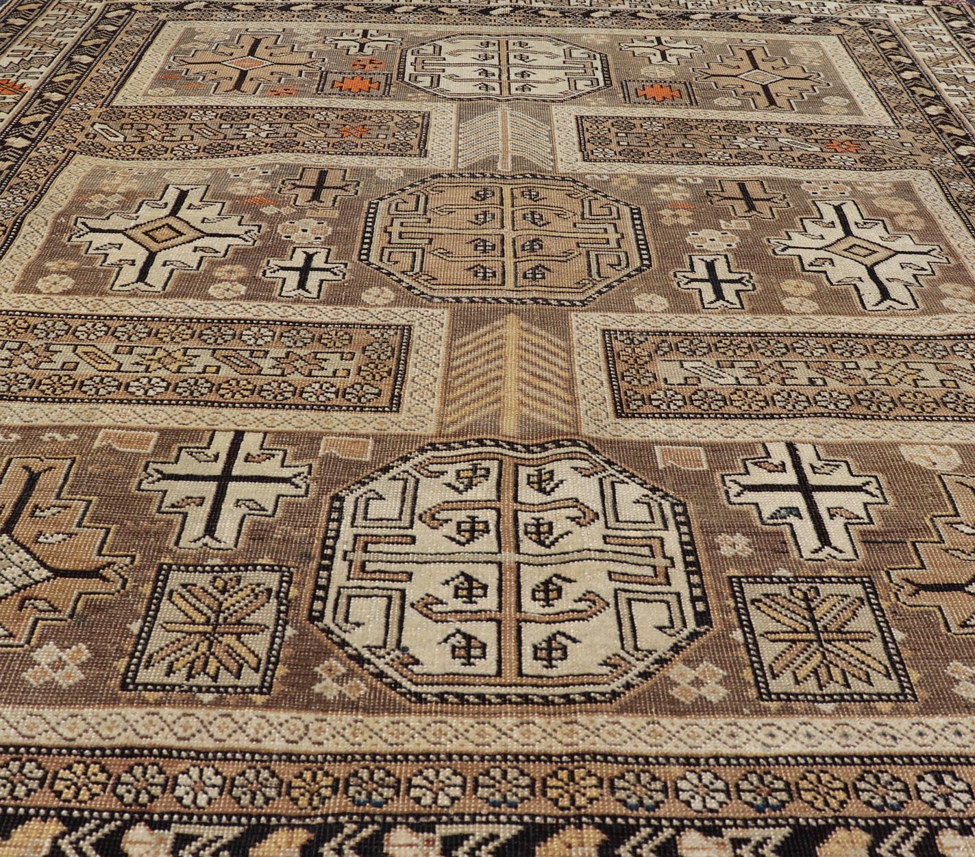 Antique Tribal Caucasian Rug with All - Over Motif in Muted Neutrals. Country of Origin: Caucasus; Type: Caucasian; Design: Tribal; Keivan Woven Arts: rug 16 - 0922. Measures: 3'10 x 4'5 The field of this Caucasian piece features all - over tribal... - Keivan Woven Arts16 - 0922 - 7929Rug