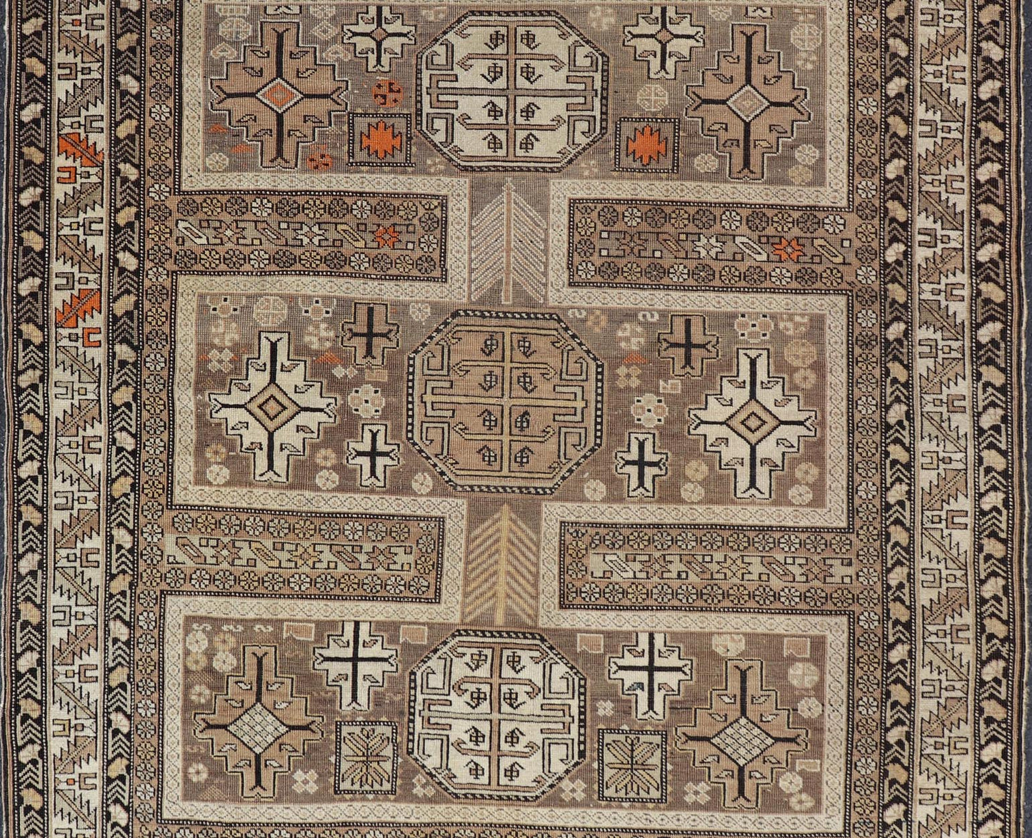 Antique Tribal Caucasian Rug with All - Over Motif in Muted Neutrals. Country of Origin: Caucasus; Type: Caucasian; Design: Tribal; Keivan Woven Arts: rug 16 - 0922. Measures: 3'10 x 4'5 The field of this Caucasian piece features all - over tribal... - Keivan Woven Arts16 - 0922 - 7929Rug