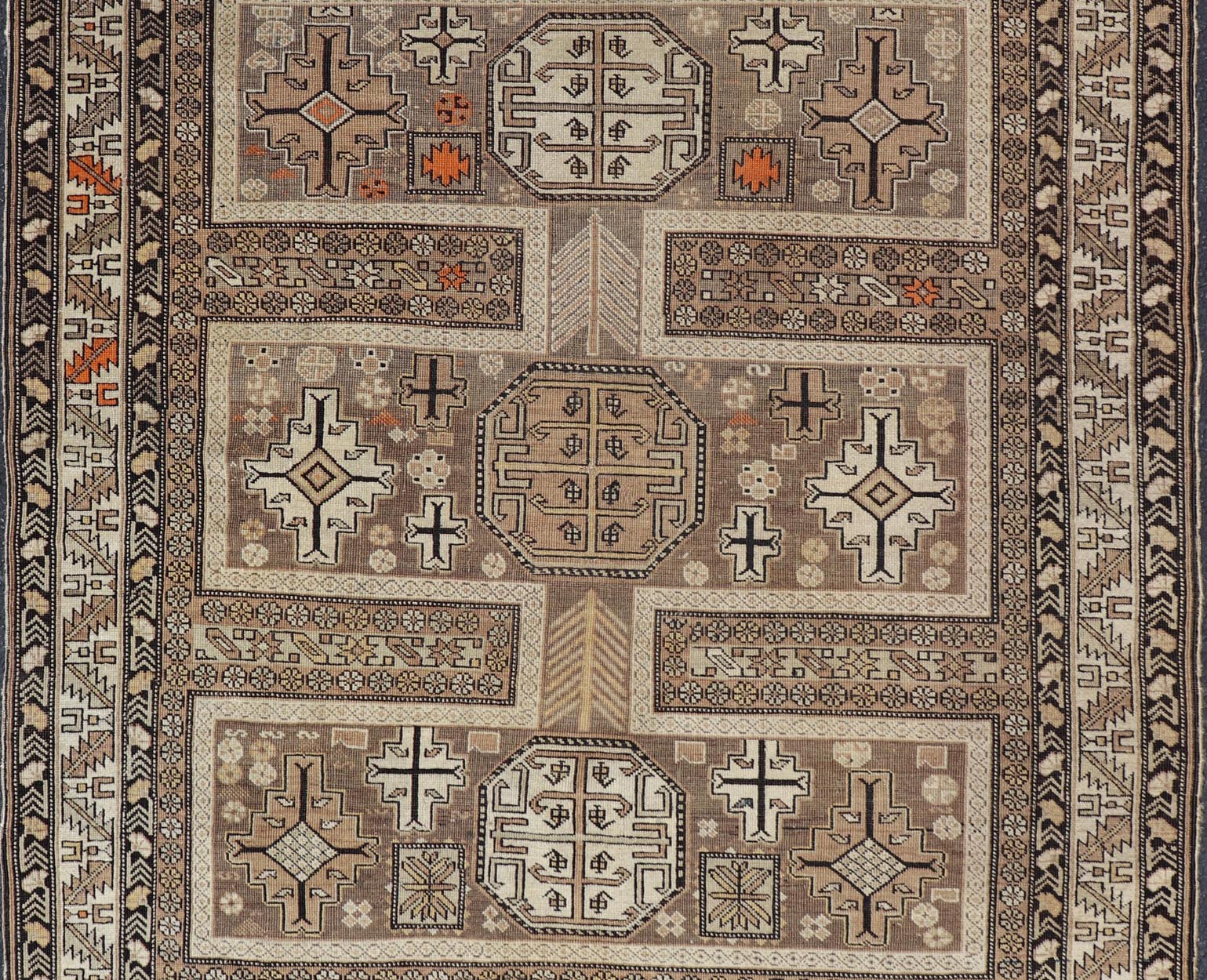 Antique Tribal Caucasian Rug with All - Over Motif in Muted Neutrals. Country of Origin: Caucasus; Type: Caucasian; Design: Tribal; Keivan Woven Arts: rug 16 - 0922. Measures: 3'10 x 4'5 The field of this Caucasian piece features all - over tribal... - Keivan Woven Arts16 - 0922 - 7929Rug