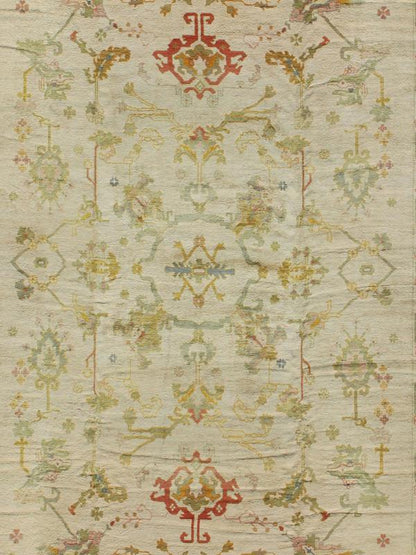 Antique Spanish Large Rug in Ivory Background, Green and Coral Border, kwarugs / 16 - 0923, This magnificent Spanish carpet from the mid - 20th century, with its stunning array of colors, is characterized by a design of elegant beauty. The colorful pattern... - Keivan Woven Arts16 - 0923 - 8121Rug
