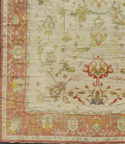 Antique Spanish Large Rug in Ivory Background, Green and Coral Border, kwarugs / 16 - 0923, This magnificent Spanish carpet from the mid - 20th century, with its stunning array of colors, is characterized by a design of elegant beauty. The colorful pattern... - Keivan Woven Arts16 - 0923 - 8121Rug