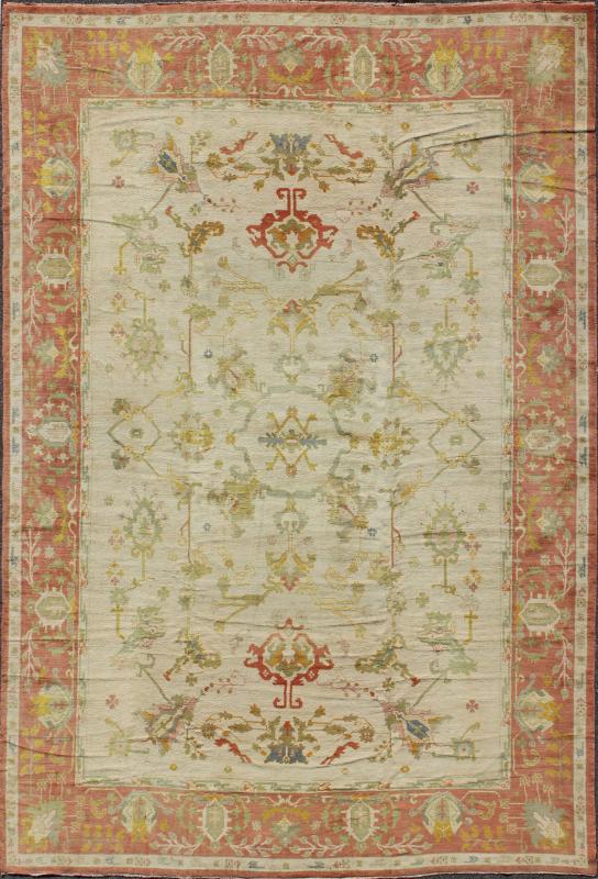 Antique Spanish Large Rug in Ivory Background, Green and Coral Border, kwarugs / 16 - 0923, This magnificent Spanish carpet from the mid - 20th century, with its stunning array of colors, is characterized by a design of elegant beauty. The colorful pattern... - Keivan Woven Arts16 - 0923 - 8121Rug