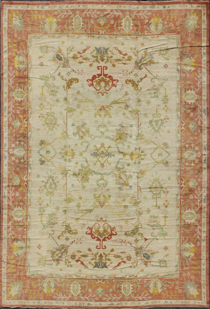 Antique Spanish Large Rug in Ivory Background, Green and Coral Border, kwarugs / 16 - 0923, This magnificent Spanish carpet from the mid - 20th century, with its stunning array of colors, is characterized by a design of elegant beauty. The colorful pattern... - Keivan Woven Arts16 - 0923 - 8121Rug