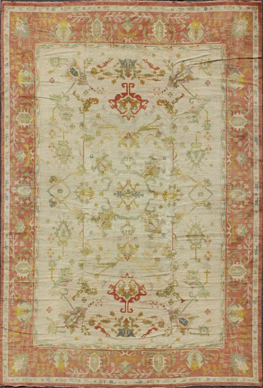 Antique Spanish Large Rug in Ivory Background, Green and Coral Border, kwarugs / 16 - 0923, This magnificent Spanish carpet from the mid - 20th century, with its stunning array of colors, is characterized by a design of elegant beauty. The colorful pattern... - Keivan Woven Arts16 - 0923 - 8121Rug