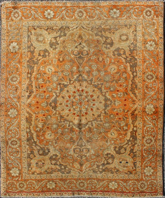 Antique Persian Tabriz Haji Jalili with Ornate Central Medallion and Florals in Orange, Brown Antique Persian Tabriz Haji Jalili with in Light Orange and light brown This magnificent antique Persian Tabriz carpet from late 19th century I... - Keivan Woven Arts16 - 1001 - 8131Rug