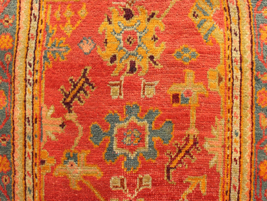 Red and tan and multi colors antique Turkish Oushak runner with sub - geometric tribal motifs, rug 16 - 1002, country of origin / type: Turkey / Oushak, circa 1910 This antique Oushak runner features a unique blend of cheerful colors and an intricat... - Keivan Woven Arts16 - 1002 - 8694Rug