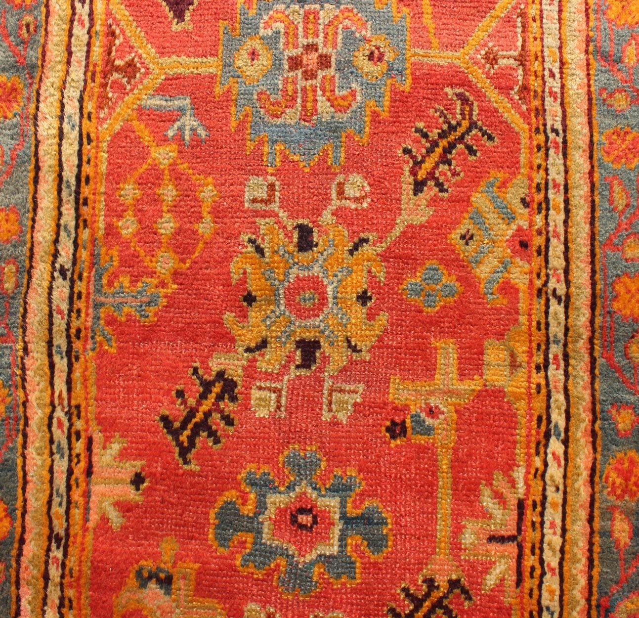 Red and tan and multi colors antique Turkish Oushak runner with sub - geometric tribal motifs, rug 16 - 1002, country of origin / type: Turkey / Oushak, circa 1910 This antique Oushak runner features a unique blend of cheerful colors and an intricat... - Keivan Woven Arts16 - 1002 - 8694Rug