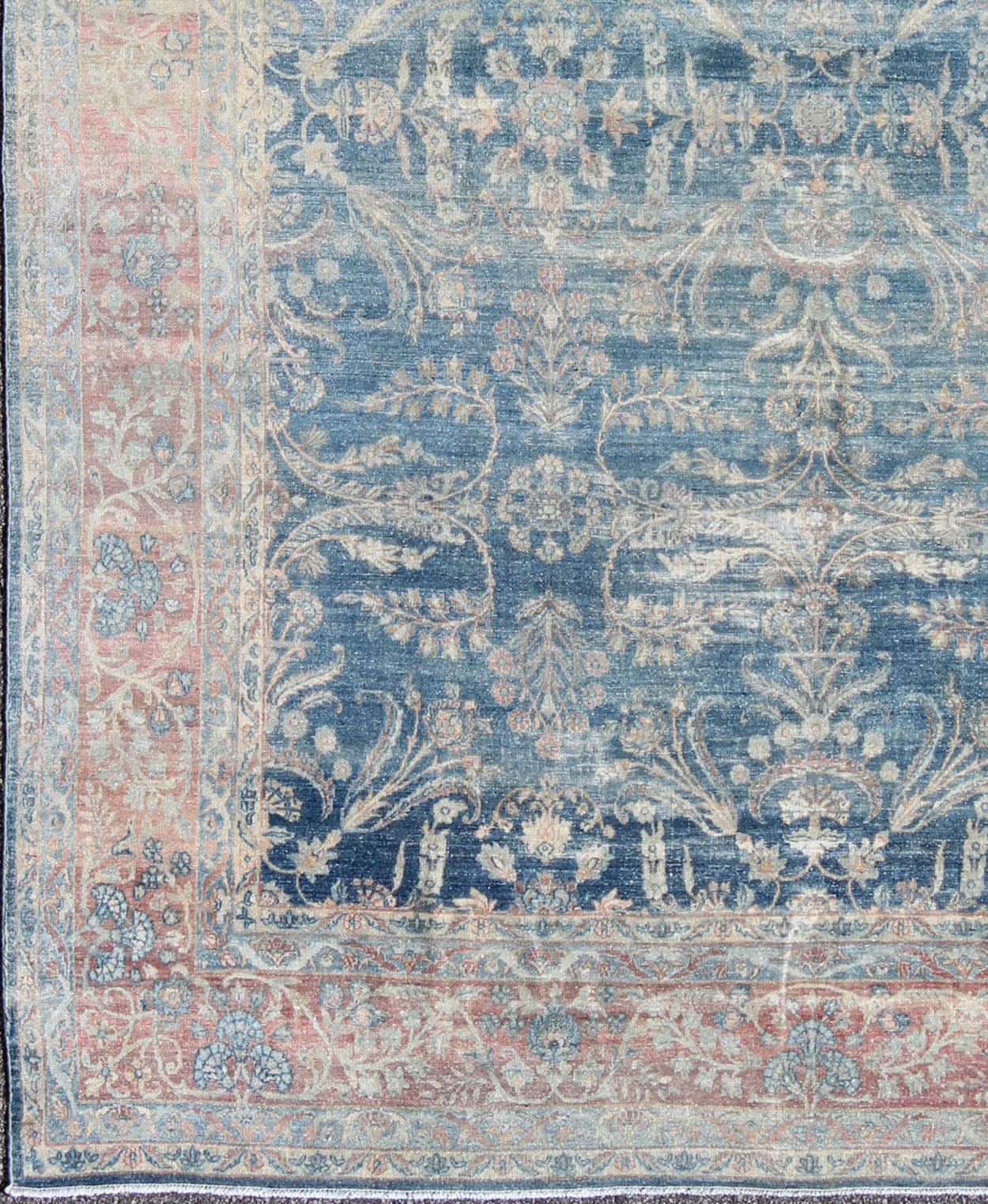 Antique Persian Kerman Rug with Paisley and Floral Motifs in Blue Field and Pink Antique Hand Knotted Persian Kerman rug with Paisley and floral motifs on blue field, Keivan Woven Arts / rug 16 - 1003, country of origin / type: Iran / Kerman, circ... - Keivan Woven Arts16 - 1003 - 8631Rug