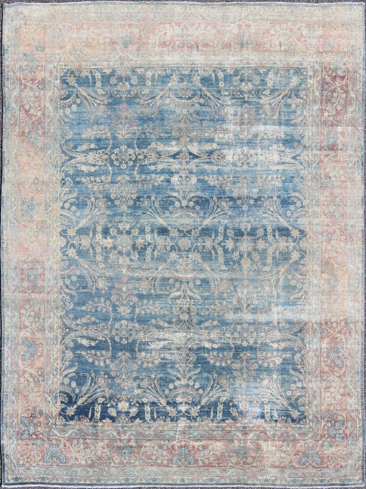 Antique Persian Kerman Rug with Paisley and Floral Motifs in Blue Field and Pink Antique Hand Knotted Persian Kerman rug with Paisley and floral motifs on blue field, Keivan Woven Arts / rug 16 - 1003, country of origin / type: Iran / Kerman, circ... - Keivan Woven Arts16 - 1003 - 8631Rug