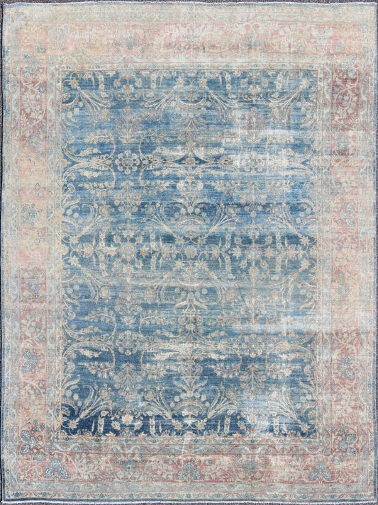 Antique Persian Kerman Rug with Paisley and Floral Motifs in Blue Field and Pink Antique Hand Knotted Persian Kerman rug with Paisley and floral motifs on blue field, Keivan Woven Arts / rug 16 - 1003, country of origin / type: Iran / Kerman, circ... - Keivan Woven Arts16 - 1003 - 8631