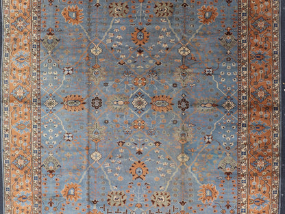 Keivan Woven Arts Antique Turkish All Over Oushak Rug in Blue Background & light Cognac Colored Border . Keivan Woven Arts / rug 16 - 1006, country of origin / type: Turkey / Oushak, circa Early - 20th Century. Antique Turkish All Over Oushak Rug in Blue B... - Keivan Woven Arts16 - 1006 - 8141Rug