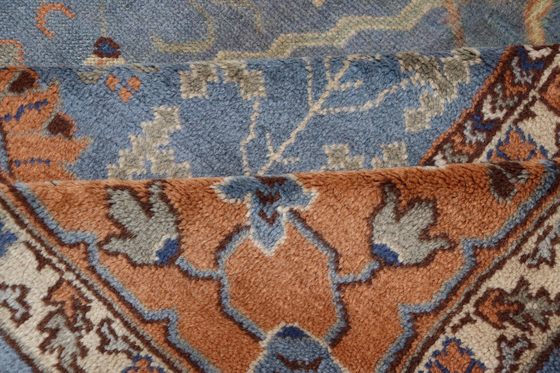 Keivan Woven Arts Antique Turkish All Over Oushak Rug in Blue Background & light Cognac Colored Border . Keivan Woven Arts / rug 16 - 1006, country of origin / type: Turkey / Oushak, circa Early - 20th Century. Antique Turkish All Over Oushak Rug in Blue B... - Keivan Woven Arts16 - 1006 - 8141Rug