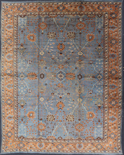Keivan Woven Arts Antique Turkish All Over Oushak Rug in Blue Background & light Cognac Colored Border . Keivan Woven Arts / rug 16 - 1006, country of origin / type: Turkey / Oushak, circa Early - 20th Century. Antique Turkish All Over Oushak Rug in Blue B... - Keivan Woven Arts16 - 1006 - 8141Rug