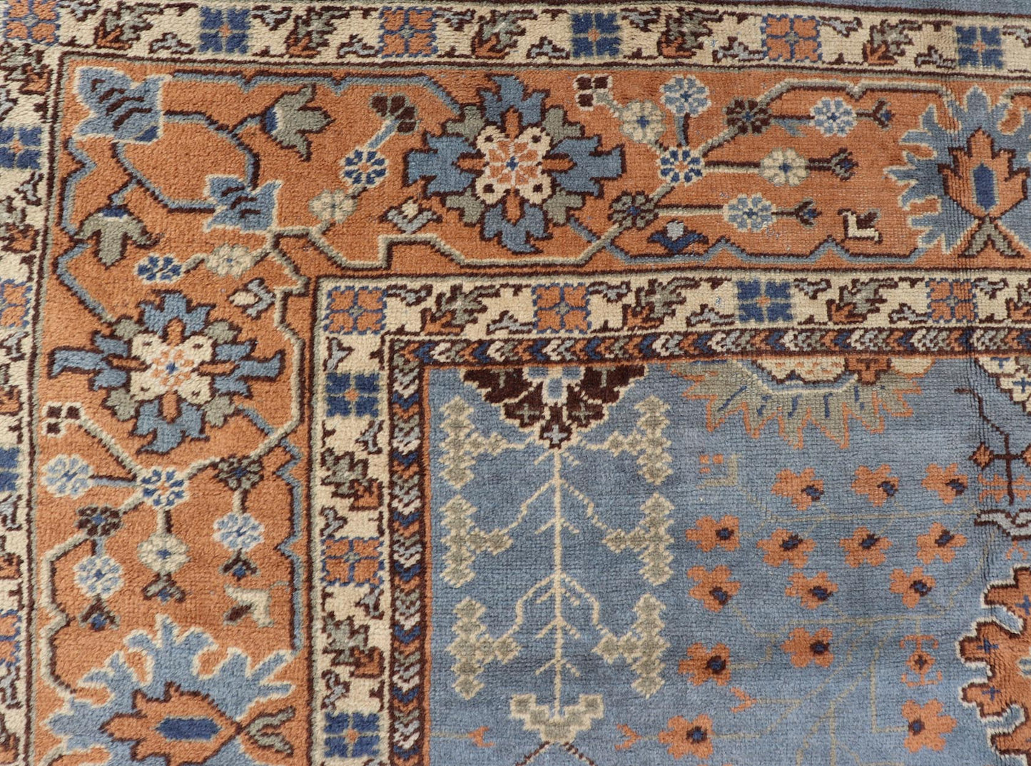 Keivan Woven Arts Antique Turkish All Over Oushak Rug in Blue Background & light Cognac Colored Border . Keivan Woven Arts / rug 16 - 1006, country of origin / type: Turkey / Oushak, circa Early - 20th Century. Antique Turkish All Over Oushak Rug in Blue B... - Keivan Woven Arts16 - 1006 - 8141Rug