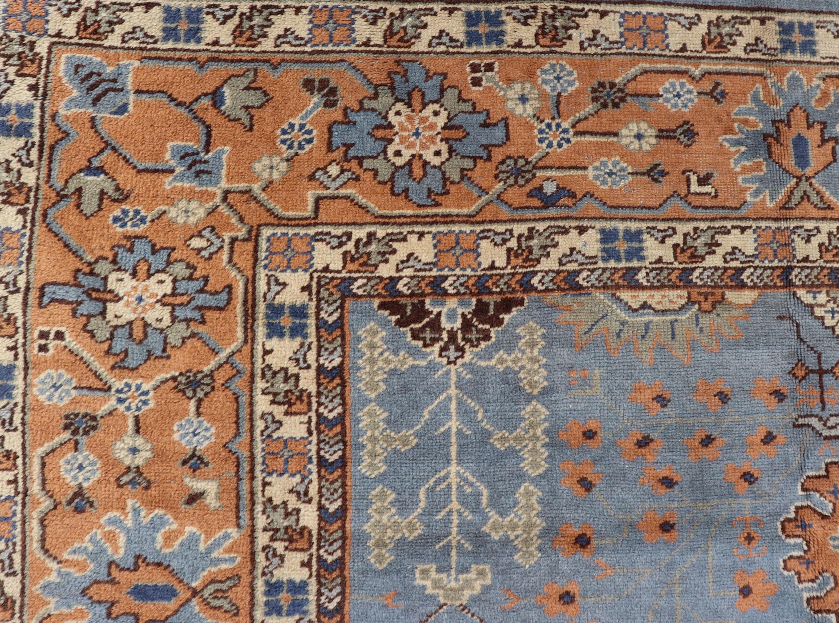 Keivan Woven Arts Antique Turkish All Over Oushak Rug in Blue Background & light Cognac Colored Border . Keivan Woven Arts / rug 16 - 1006, country of origin / type: Turkey / Oushak, circa Early - 20th Century. Antique Turkish All Over Oushak Rug in Blue B... - Keivan Woven Arts16 - 1006 - 8141Rug