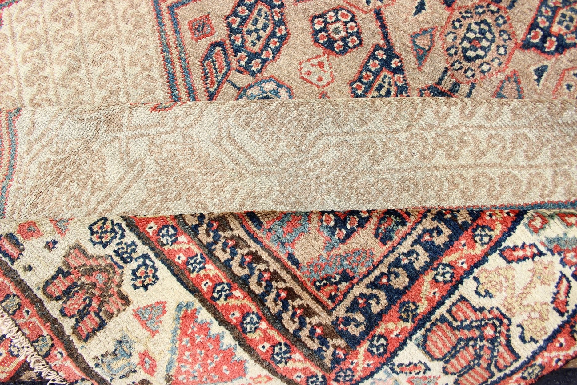 Antique Persian Serab Runner with Tribal Geometric Pattern in Camel, Red & Blue This beautiful antique late 19th Century Persian Serab runner rests on a camel background, which surrounds the three diamond medallions of alternating ivory, red, an... - Keivan Woven Arts16 - 1101 - 8211Rug
