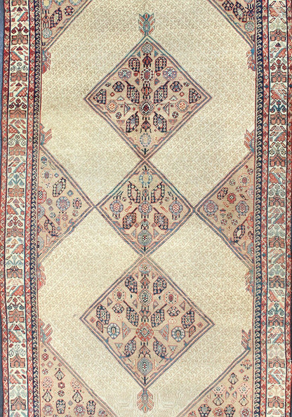 Antique Persian Serab Runner with Tribal Geometric Pattern in Camel, Red & Blue This beautiful antique late 19th Century Persian Serab runner rests on a camel background, which surrounds the three diamond medallions of alternating ivory, red, an... - Keivan Woven Arts16 - 1101 - 8211Rug