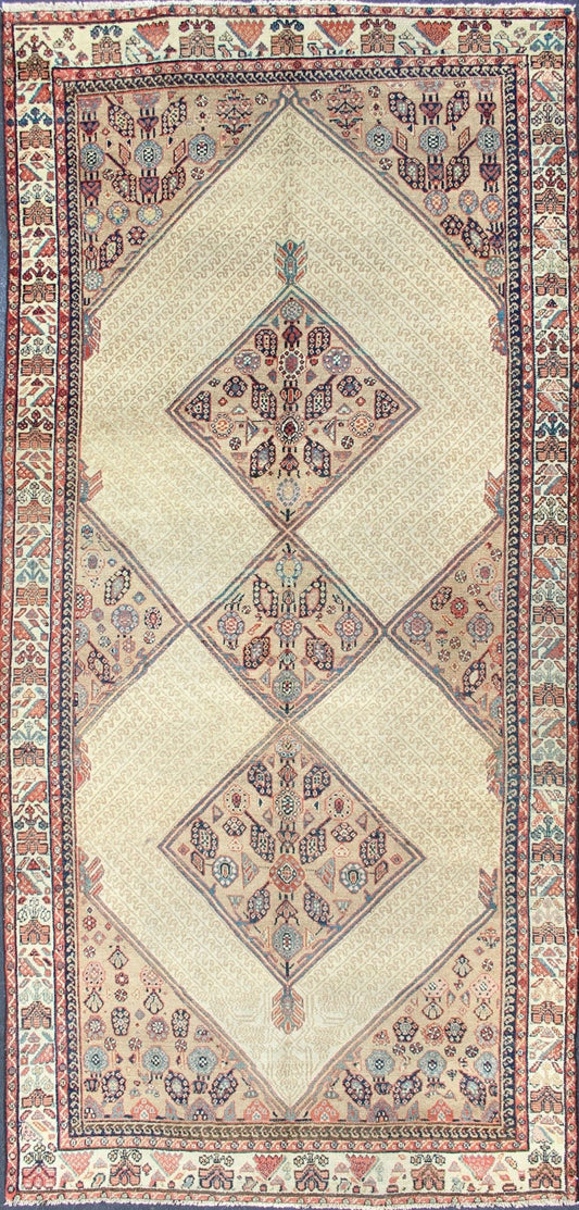 Antique Persian Serab Runner with Tribal Geometric Pattern in Camel, Red & Blue This beautiful antique late 19th Century Persian Serab runner rests on a camel background, which surrounds the three diamond medallions of alternating ivory, red, an... - Keivan Woven Arts16 - 1101 - 8211
