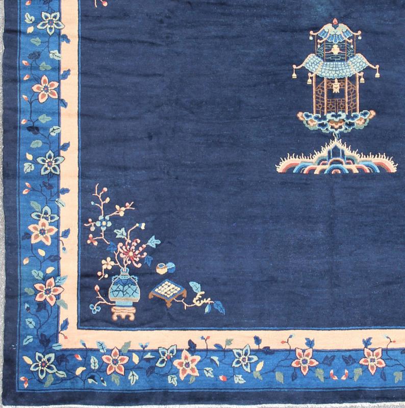 Large Chinese Rug in Sapphire Tones with Ornate Floral Motifs Alive with color and exotic patterns, this beautiful antique Chinese rug features a traditional Chinese design in blue and sapphire tones. Handwoven in China in the early 20th century... - Keivan Woven Arts16 - 1102 - 8317Rug
