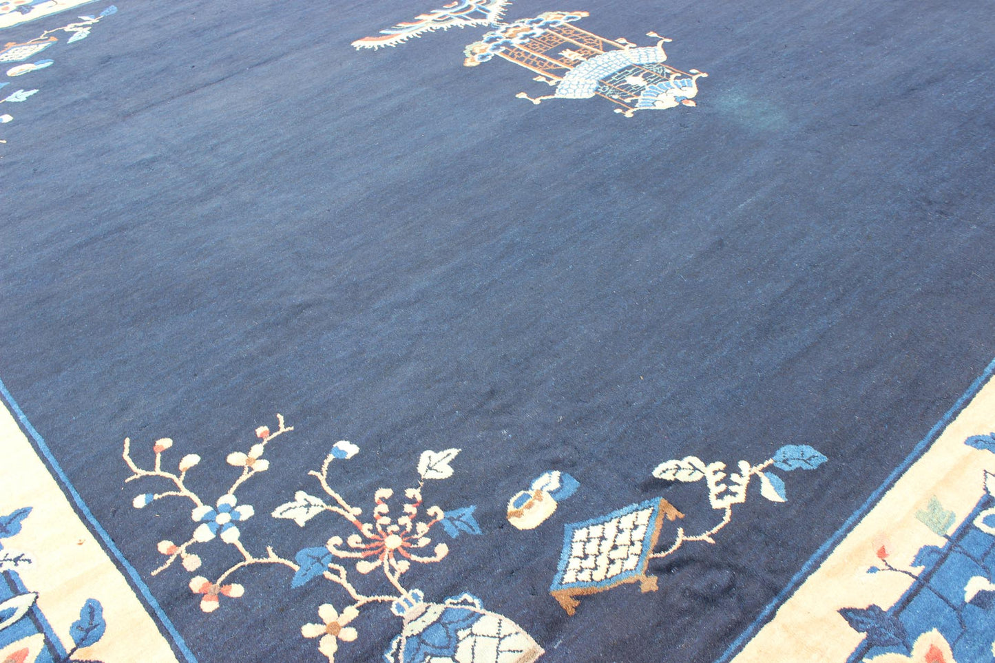 Large Chinese Rug in Sapphire Tones with Ornate Floral Motifs Alive with color and exotic patterns, this beautiful antique Chinese rug features a traditional Chinese design in blue and sapphire tones. Handwoven in China in the early 20th century... - Keivan Woven Arts16 - 1102 - 8317Rug
