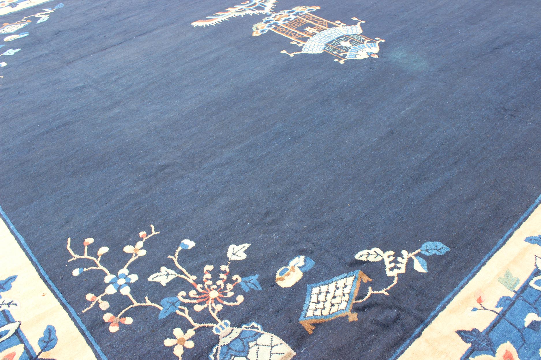 Large Chinese Rug in Sapphire Tones with Ornate Floral Motifs Alive with color and exotic patterns, this beautiful antique Chinese rug features a traditional Chinese design in blue and sapphire tones. Handwoven in China in the early 20th century... - Keivan Woven Arts16 - 1102 - 8317Rug