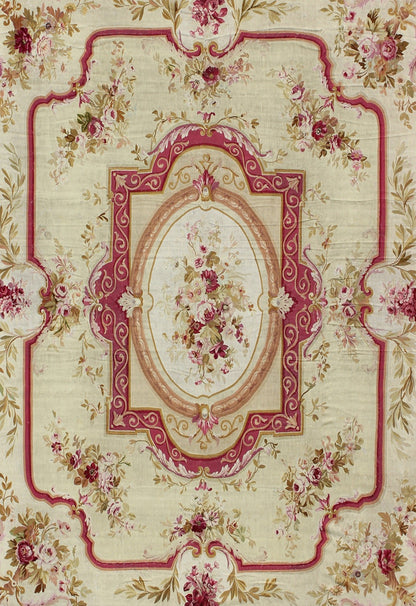 Antique Aubusson carpet with romantic rose bouquets in shades of red and pink, rug 16 - 1105, country of origin / type: Europe / Aubusson, circa 1870 This elegant antique Aubusson carpet is a resplendent example of the lush architectural style and... - Keivan Woven Arts16 - 1105 - 8702Rug