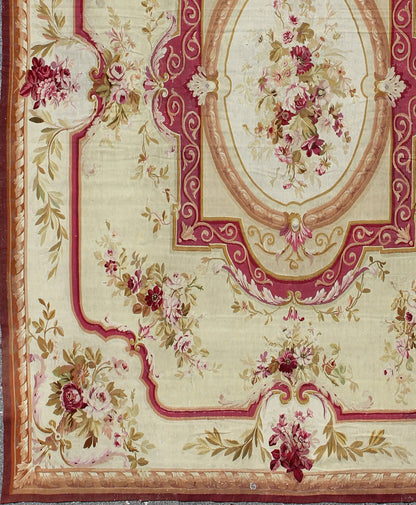 Antique Aubusson carpet with romantic rose bouquets in shades of red and pink, rug 16 - 1105, country of origin / type: Europe / Aubusson, circa 1870 This elegant antique Aubusson carpet is a resplendent example of the lush architectural style and... - Keivan Woven Arts16 - 1105 - 8702Rug