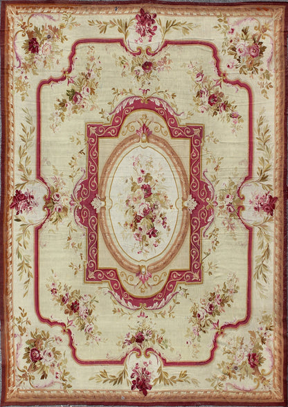 Antique Aubusson carpet with romantic rose bouquets in shades of red and pink, rug 16 - 1105, country of origin / type: Europe / Aubusson, circa 1870 This elegant antique Aubusson carpet is a resplendent example of the lush architectural style and... - Keivan Woven Arts16 - 1105 - 8702Rug