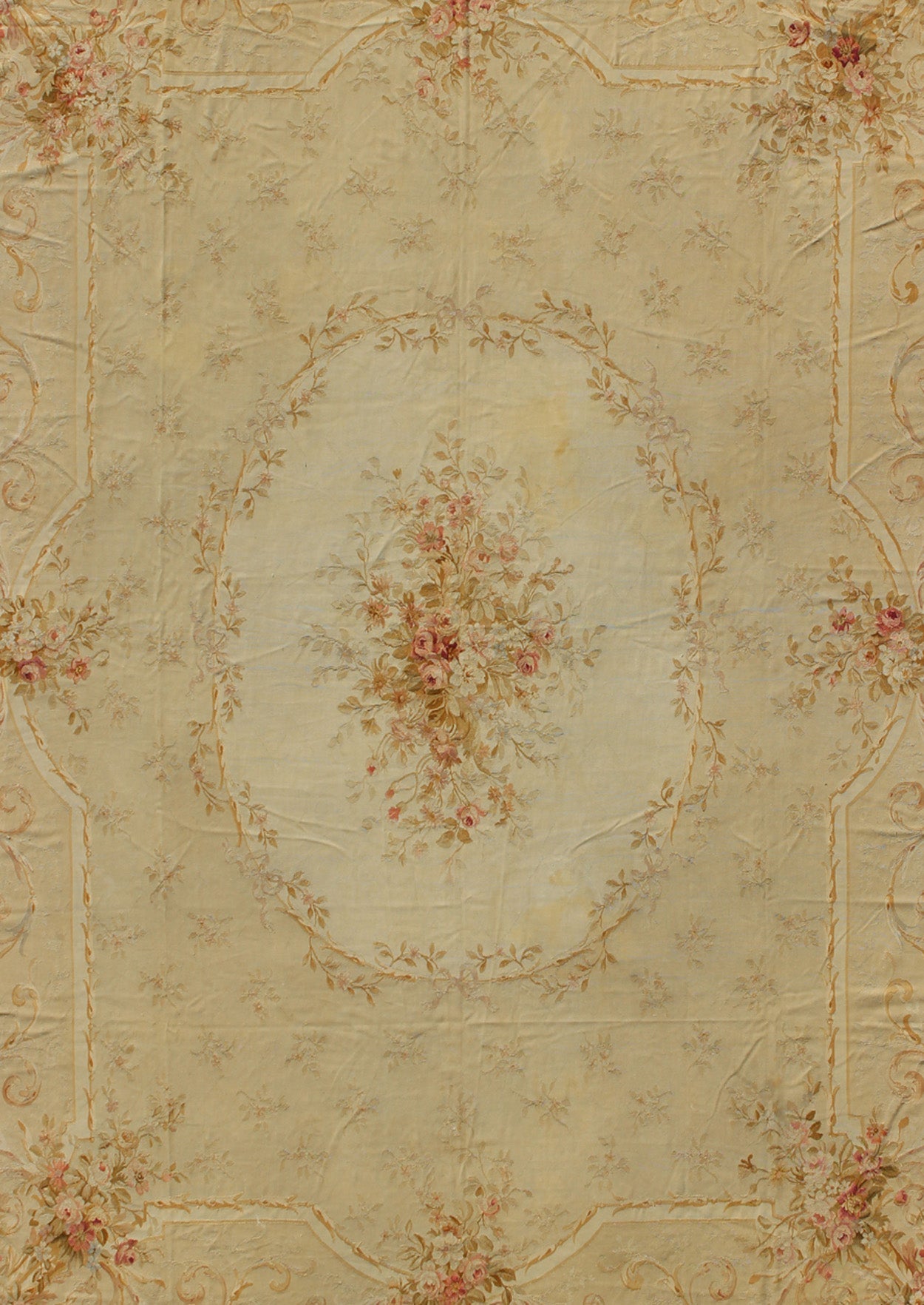 Antique French Aubusson Carpet with Romantic Motifs and Delicate Color Palette. Antique Large French Aubusson Carpet with Romantic Motifs and Delicate Color Palette. This elegant antique Aubusson carpet is a resplendent example of the lush architect... - Keivan Woven Arts16 - 1107 - 8706Rug
