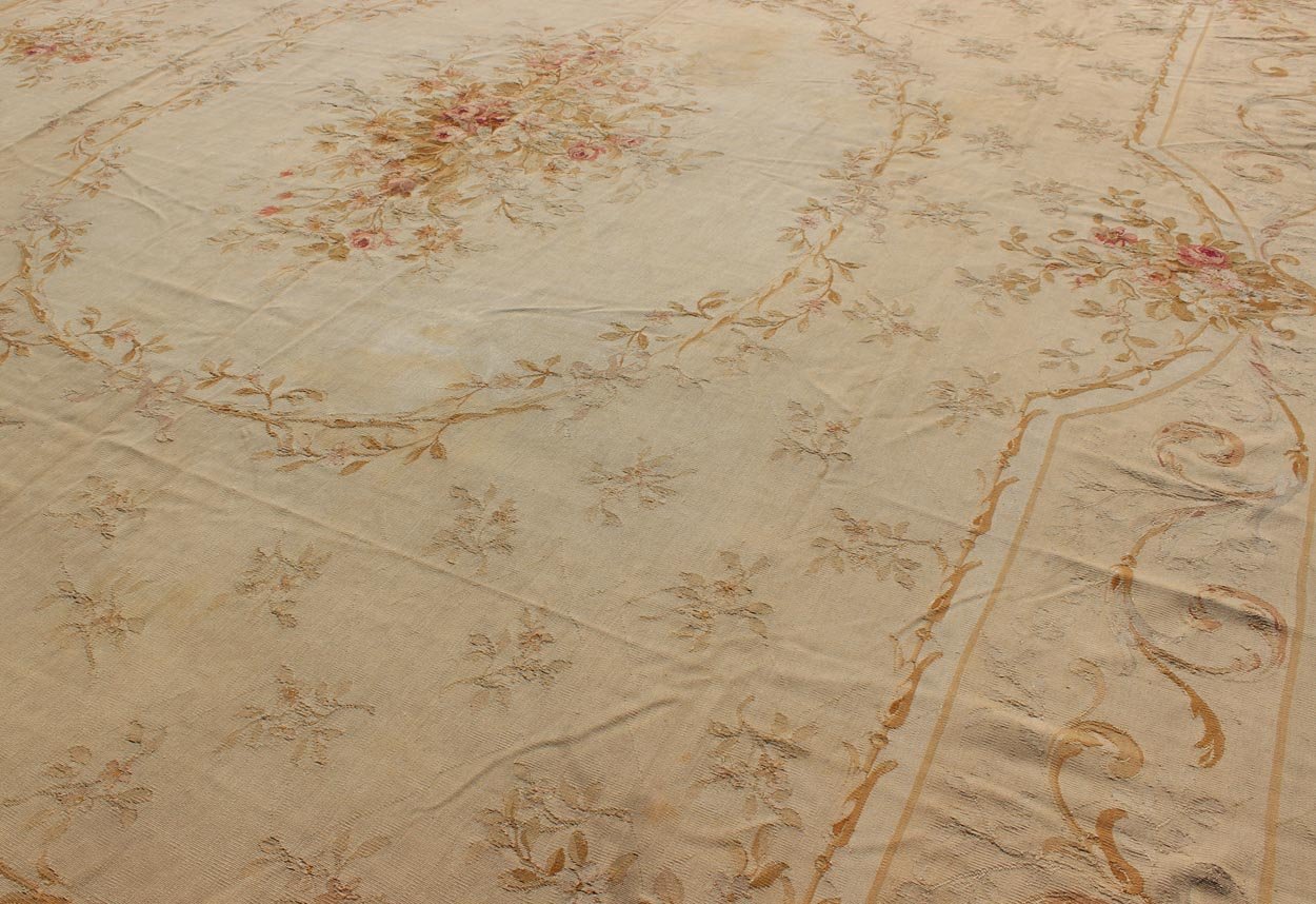 Antique French Aubusson Carpet with Romantic Motifs and Delicate Color Palette. Antique Large French Aubusson Carpet with Romantic Motifs and Delicate Color Palette. This elegant antique Aubusson carpet is a resplendent example of the lush architect... - Keivan Woven Arts16 - 1107 - 8706Rug