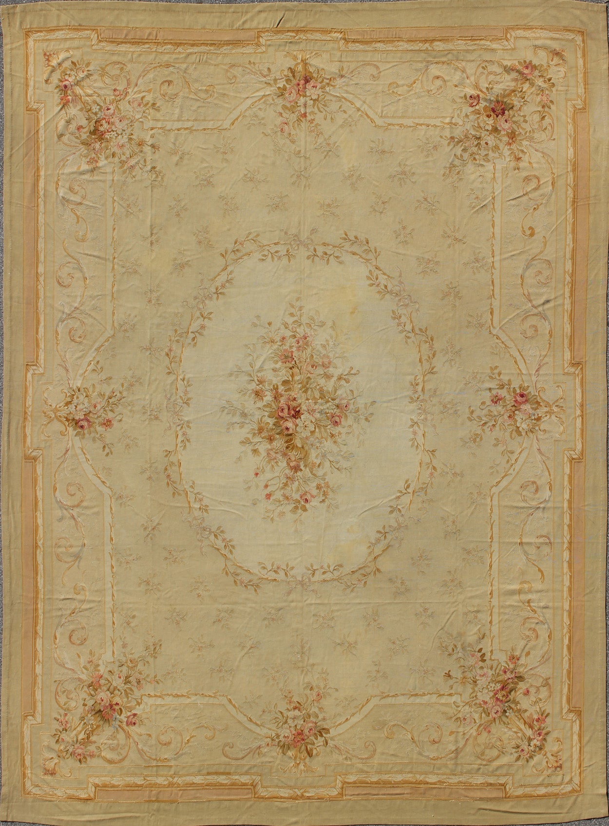 Antique French Aubusson Carpet with Romantic Motifs and Delicate Color Palette. Antique Large French Aubusson Carpet with Romantic Motifs and Delicate Color Palette. This elegant antique Aubusson carpet is a resplendent example of the lush architect... - Keivan Woven Arts16 - 1107 - 8706Rug